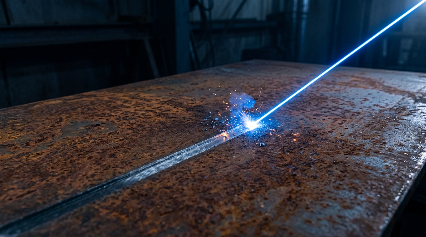 Dark industrial metal surface with heavy oxidation and rust on the left side, sharply divided by an electric blue laser beam that reveals clean bare steel on the right, demonstrating oxidation removal.