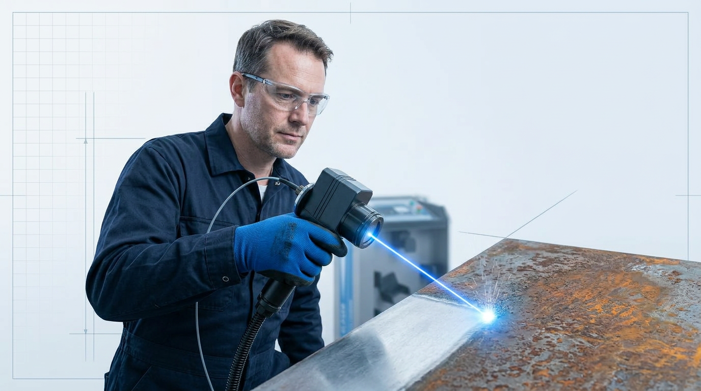 Engineer in dark coveralls holding handheld laser scanner directed at oxidised steel surface, with bright electric blue laser line visible at the cleaned boundary where rust transitions to bare metal.