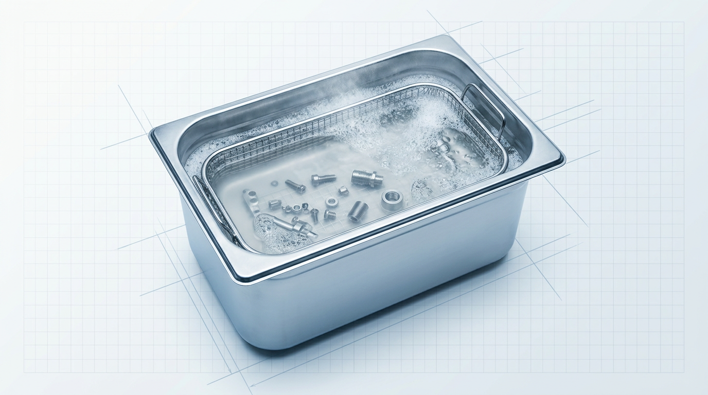 Stainless steel ultrasonic cleaning tank filled with milky solution, containing a basket of small precision metal components submerged and visible, with active fine bubbling at the surface indicating cavitation in progress.