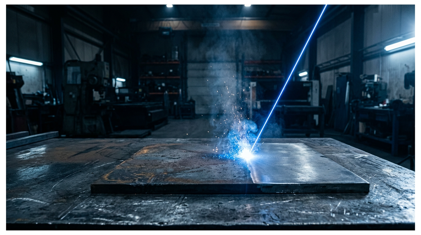 Dark industrial workshop with focused electric blue laser beam striking a metal surface, oxidized section on left transitioning to clean bare metal on right at the laser contact point.