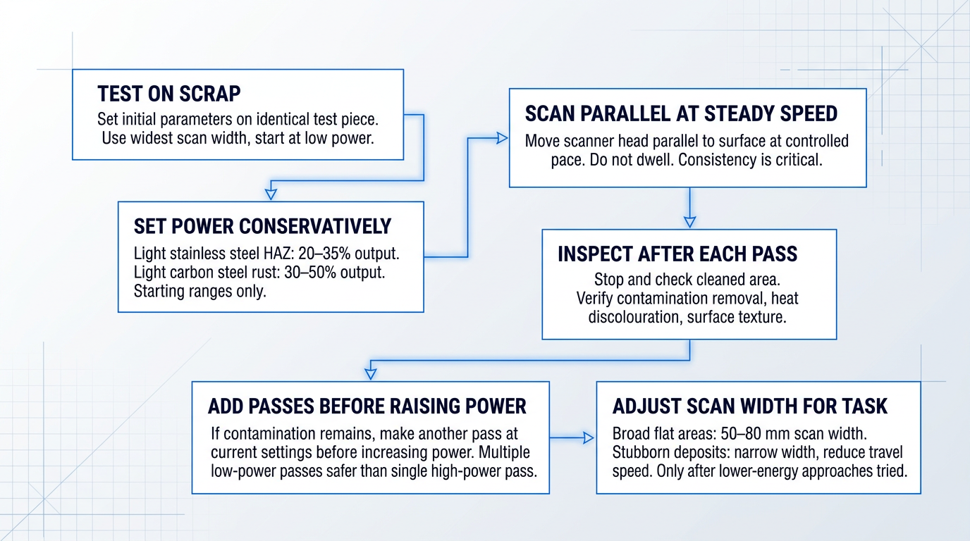 Six-step process flow diagram for laser oxide cleaning parameter escalation: test on scrap, set power conservatively, scan parallel at steady speed, inspect after each pass, add passes before raising power, adjust scan width for task.