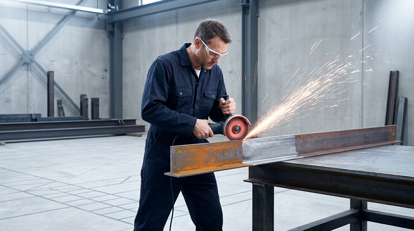 Fabricator in dark coveralls and safety glasses operating an angle grinder on a steel workpiece, with bright orange sparks streaming from the contact point and orange mill scale oxide visible on the surface.