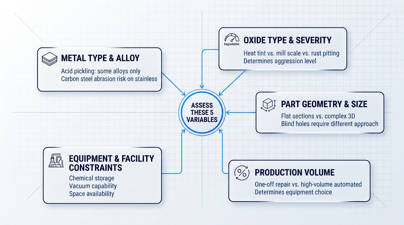 Five-node decision diagram showing pre-assessment variables for oxide removal: metal type and alloy, oxide type and severity, part geometry and size, production volume, and equipment constraints, each with examples, connected to a central decision point.