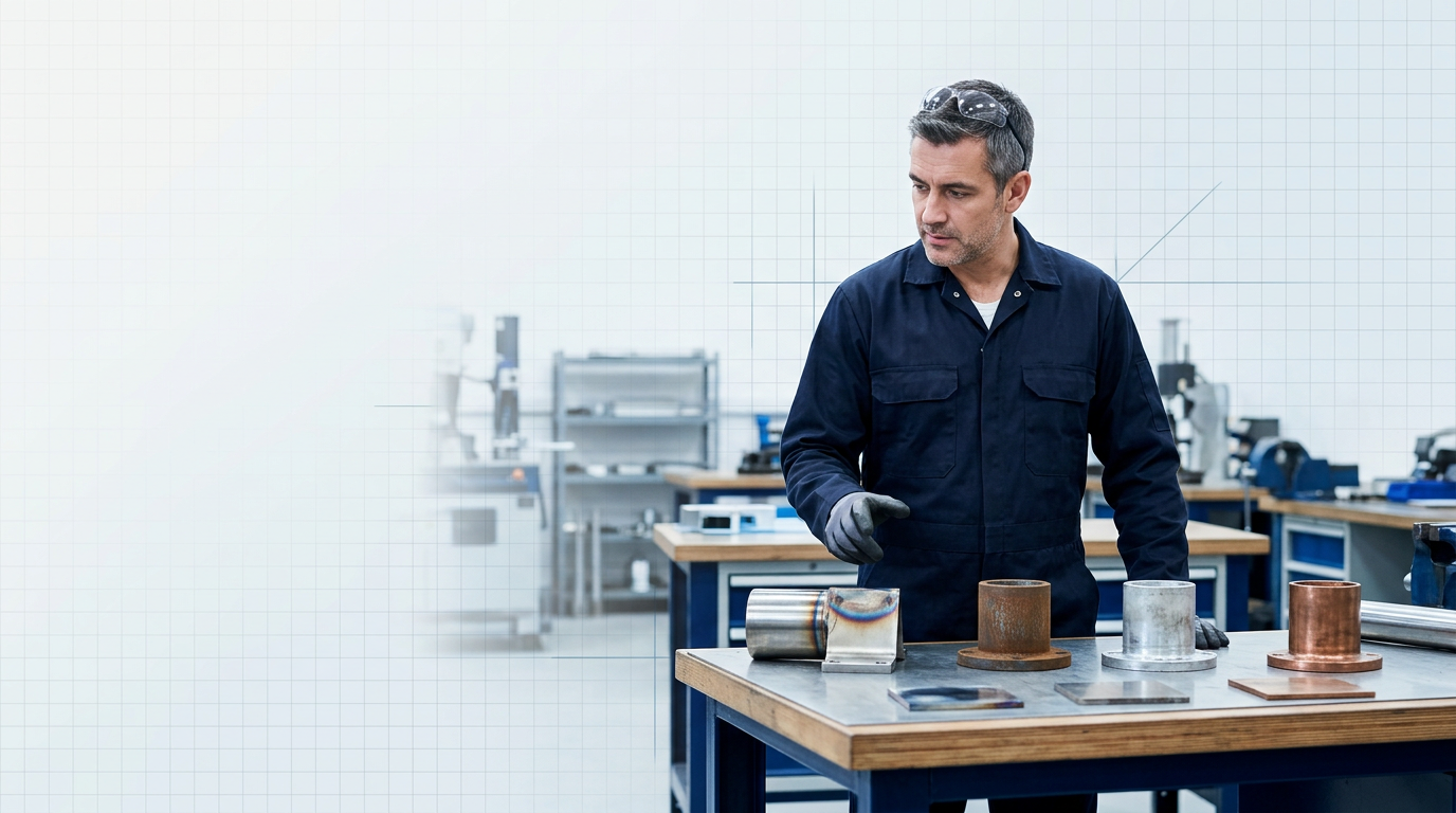 Industrial technician in navy coveralls surveying multiple metal components on a workbench—stainless steel with heat-affected zone, carbon steel with rust, aluminum with oxide tarnish, and copper with patina—in a bright workshop environment.