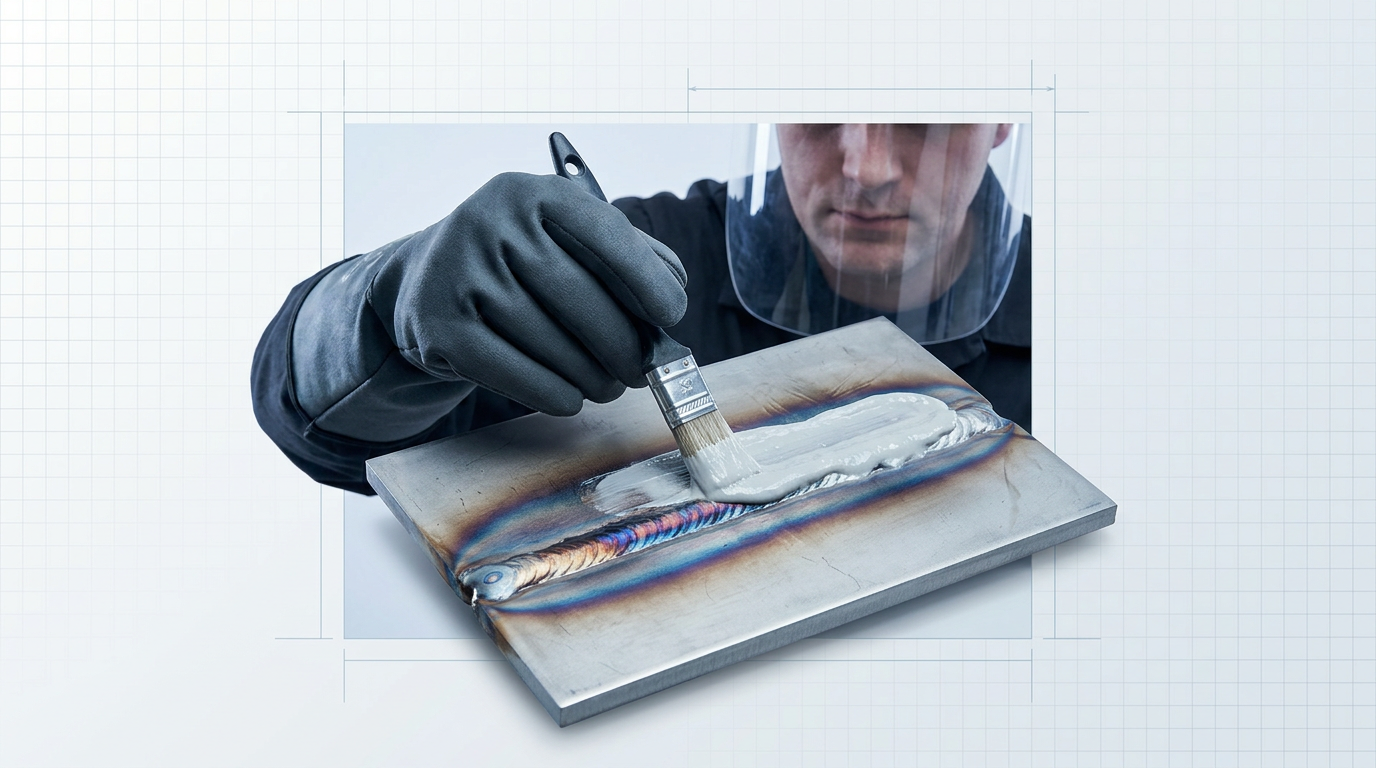 Technician in full-face shield and acid-resistant gloves applying thick grey-white pickling paste across a heat-tinted stainless steel weld bead on a flat steel plate.