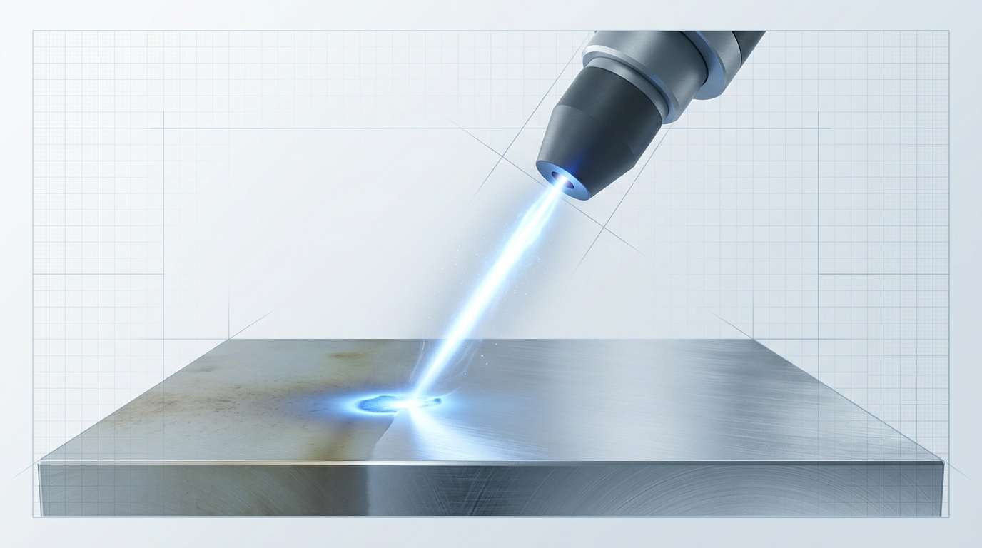 Atmospheric plasma nozzle emitting a bright electric blue ionized jet onto a polished metal surface, showing the oxide layer degraded at the contact point with bare reflective metal exposed beneath.