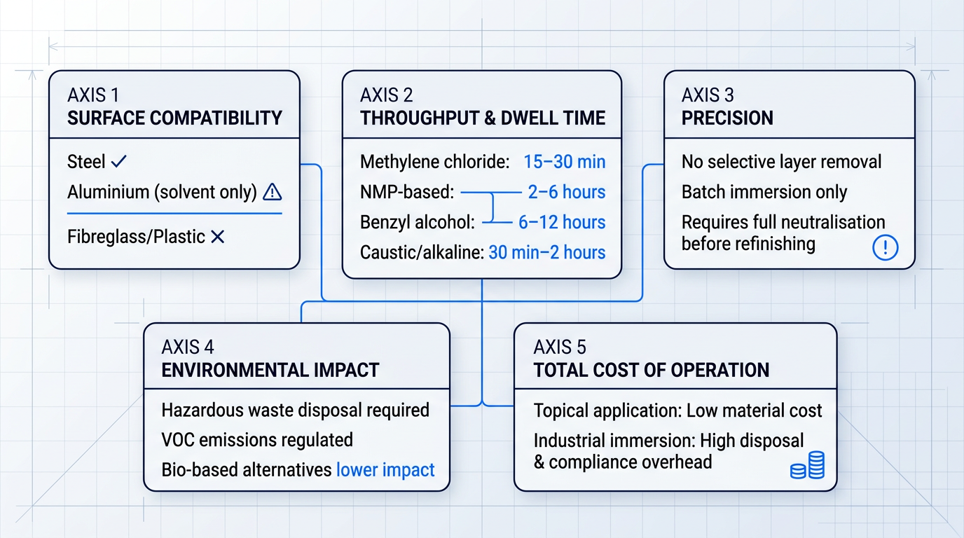 Five-axis evaluation matrix for chemical stripping methods showing surface compatibility, throughput dwell times, precision limitations, environmental impact, and total cost of operation with interconnected framework.