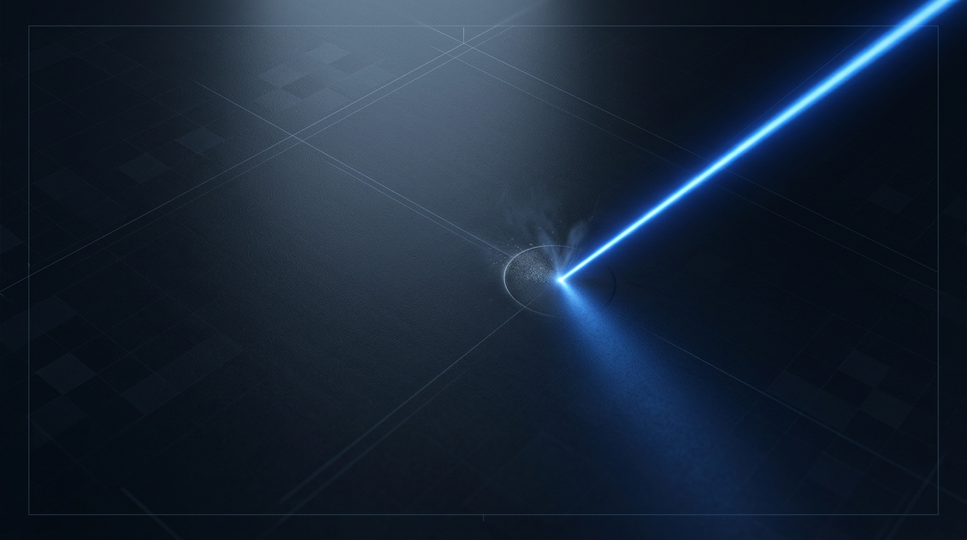 Dark industrial metal surface with focused electric blue laser beam striking the surface at precise angle, creating bright focal point and subtle particle ablation effect.