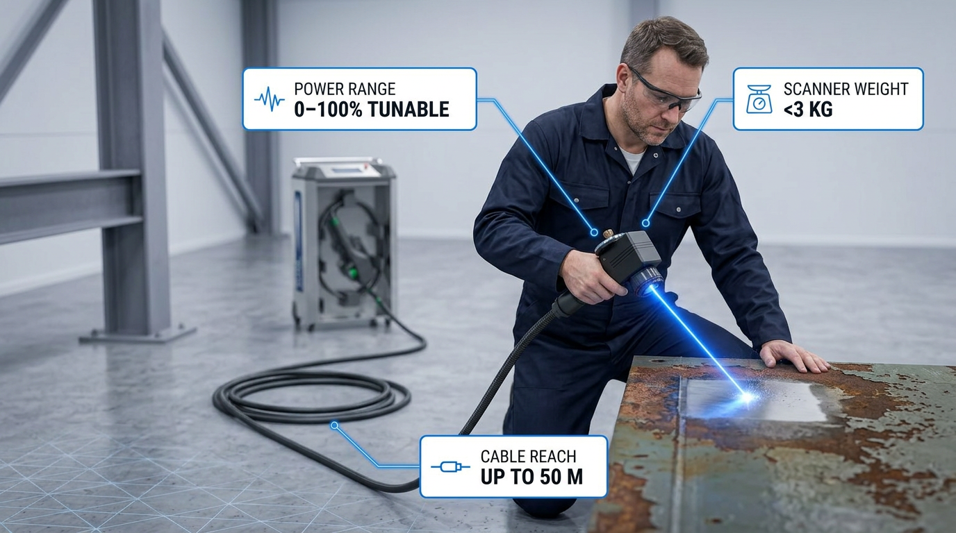 Engineer in dark coveralls operating ELASER handheld scanner on rusted metal surface, fibre cable extended across workshop floor, laser contact point glowing electric blue with clean ablated material visible.