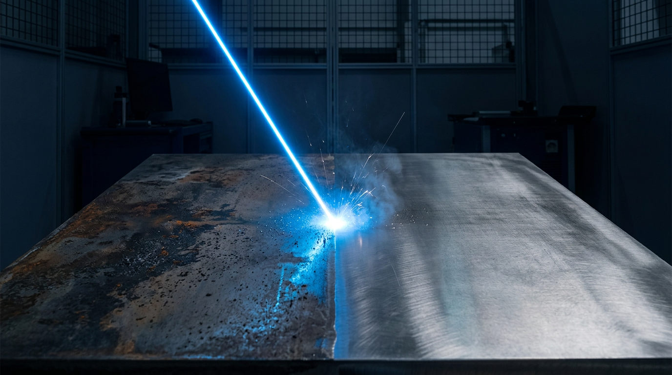 Dark industrial workspace with polished metal surface transitioning from oxidized coating on left to clean bare material on right, divided by electric blue laser beam with visible ablation particles at contact point.