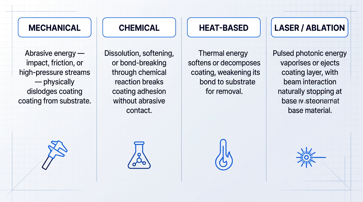 Four-column infographic showing paint stripping technology categories: Mechanical (abrasive energy), Chemical (dissolution and bond-breaking), Heat-based (thermal softening), and Laser/Ablation (pulsed photonic energy vaporization), each with icon and operating principle.