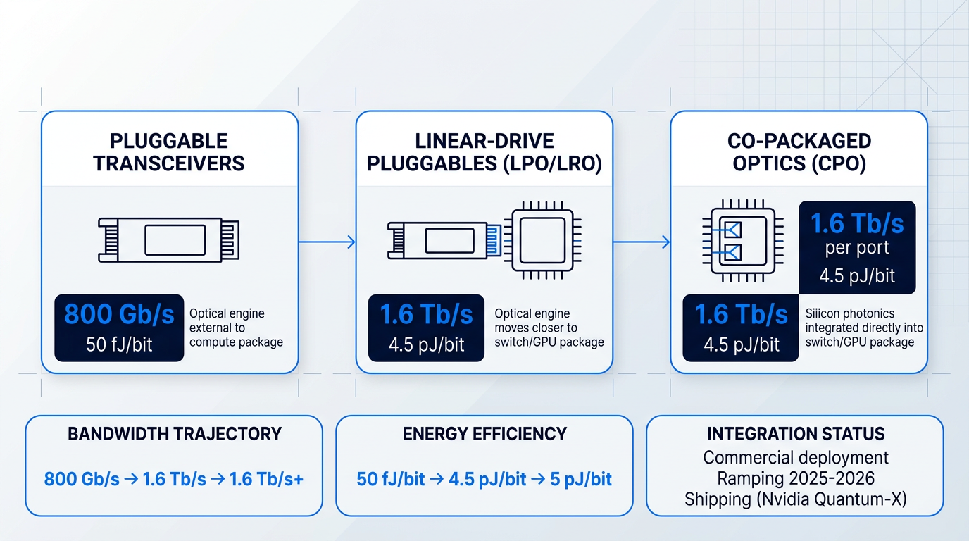Three-stage evolution diagram of data centre interconnect architectures: pluggable transceivers at 800 Gb/s, linear-drive pluggables at 1.6 Tb/s, and co-packaged optics at 1.6 Tb/s per port, showing optical engine integration progression and energy efficiency improvements from 50 fJ/bit to 4.5–5 pJ/bit.