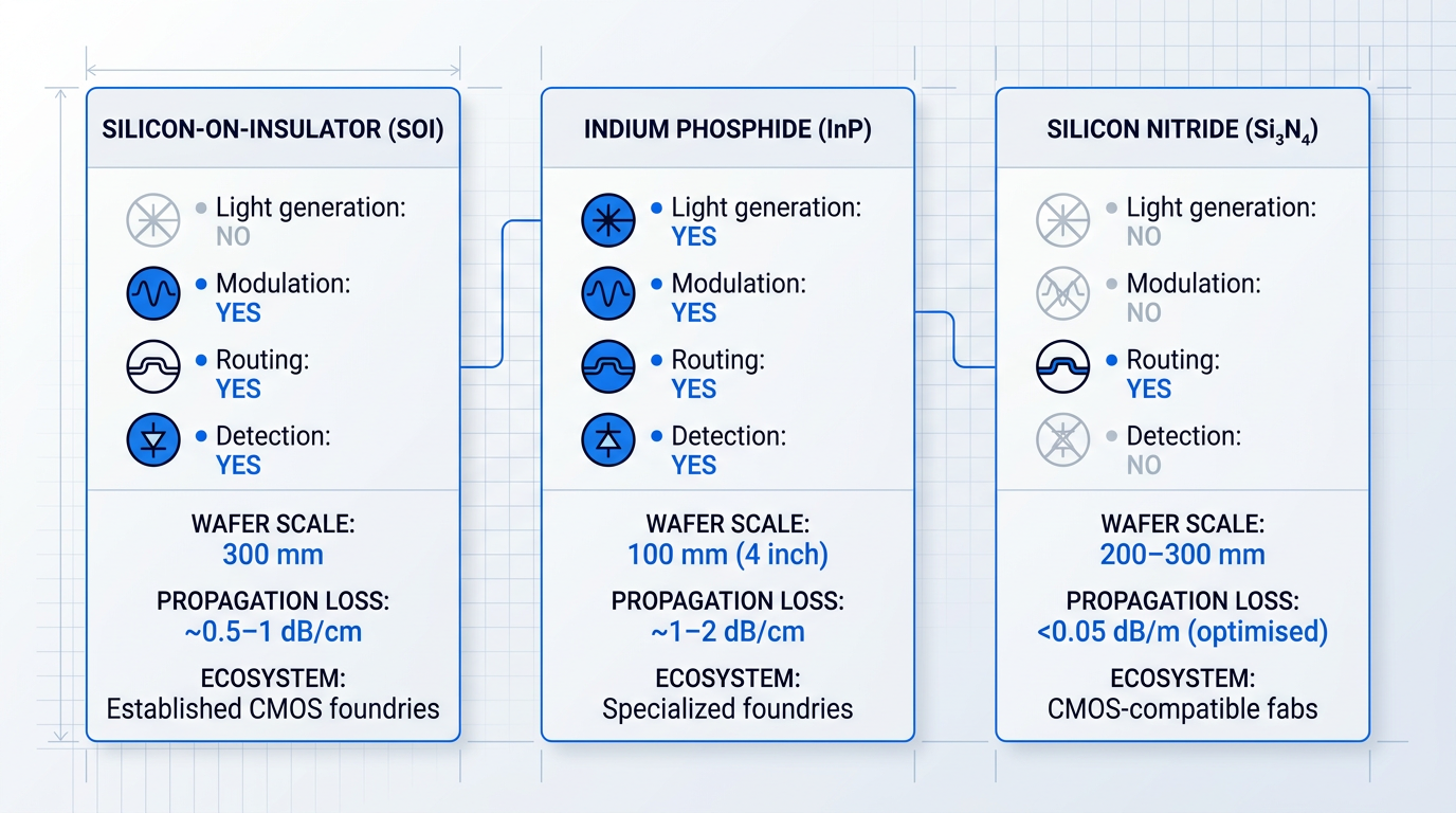 Comparison grid of three photonic integrated circuit platforms: Silicon-on-insulator supports modulation, routing, and detection but requires external light generation; Indium phosphide integrates all four functions natively; Silicon nitride excels in routing with ultralow loss but is passive only. Each platform shows wafer scale, propagation loss, and foundry ecosystem trade-offs.