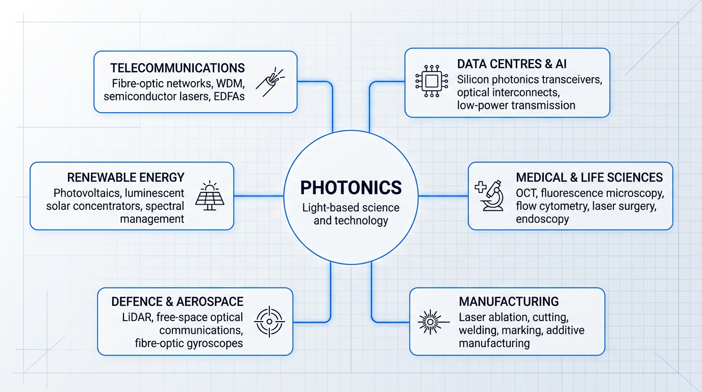 Six photonics application domains—telecommunications, data centres, medical sciences, manufacturing, defence/aerospace, and renewable energy—arranged in a circle around a central photonics hub, connected by electric blue lines representing their shared scientific foundation.