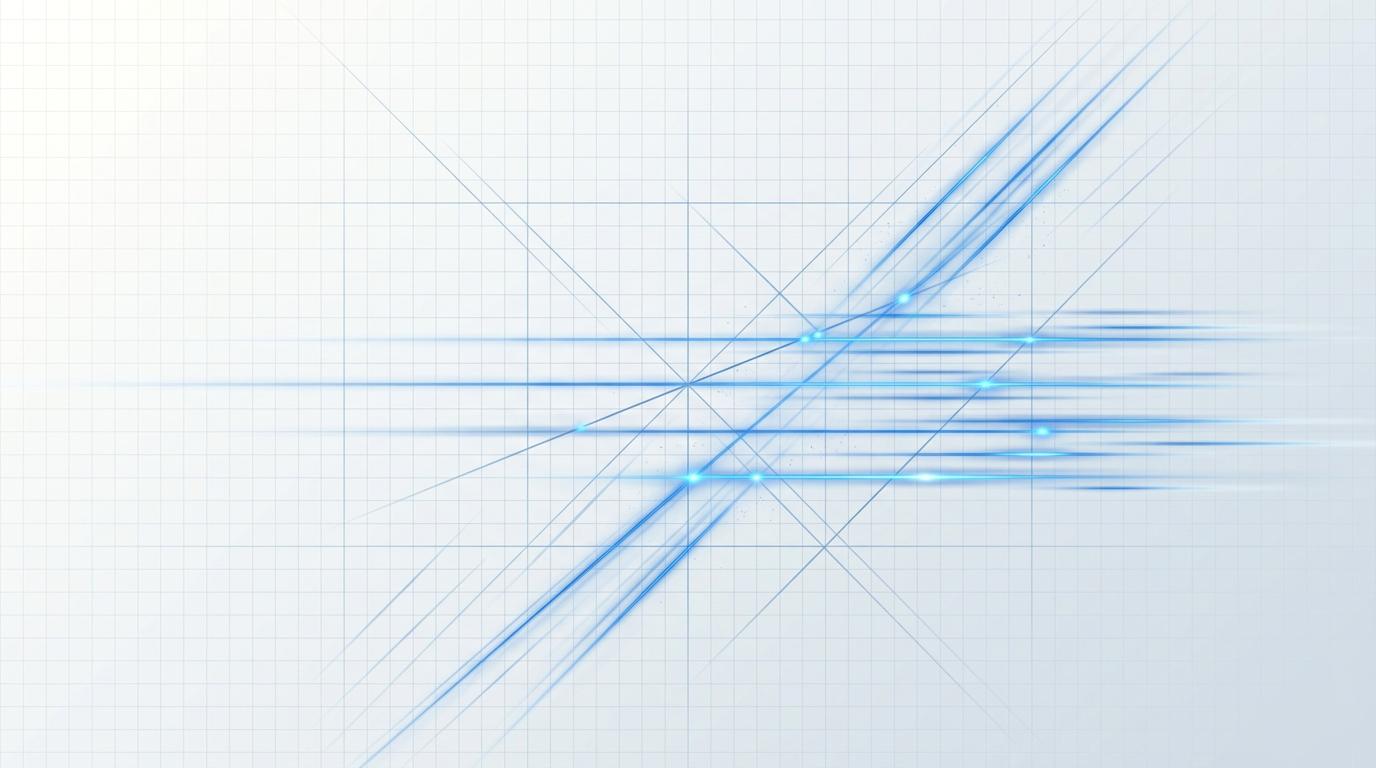 Light gradient background with faint engineering grid pattern and electric blue light beams streaking diagonally across the composition, representing high-speed optical data transmission through photonics infrastructure.