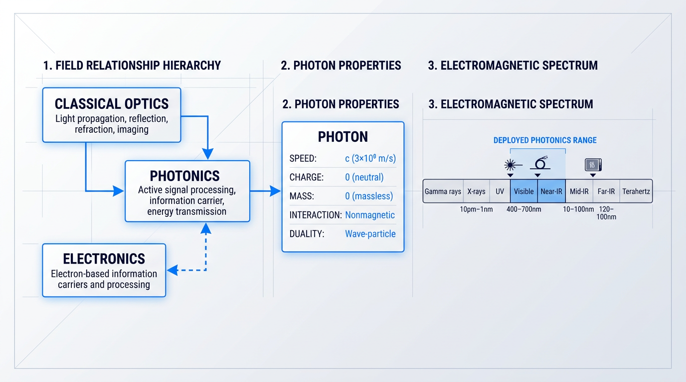 Infographic showing three-part relationship: classical optics, photonics, and electronics hierarchy on left; photon properties (speed, charge, mass, interaction, duality) in center; electromagnetic spectrum from gamma rays to terahertz on right, with deployed photonics range highlighted in near-infrared to visible wavelengths.