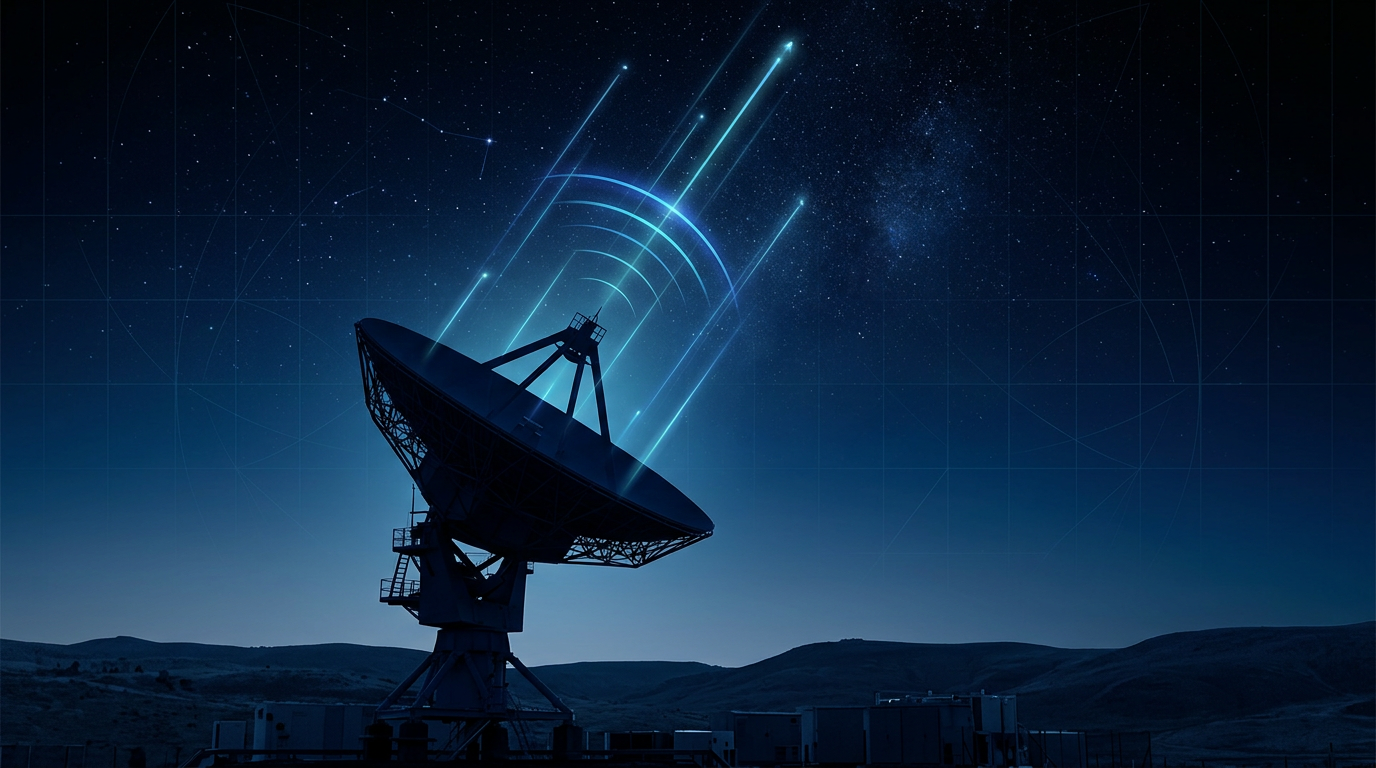 Night sky with satellite dish silhouetted in foreground, electric blue signal arcs ascending toward star field above dark landscape.