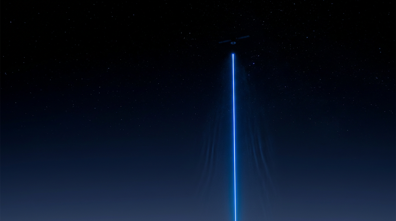 Deep space at night with a vertical electric blue laser beam traveling upward from ground level toward a distant satellite receiver against a starfield.