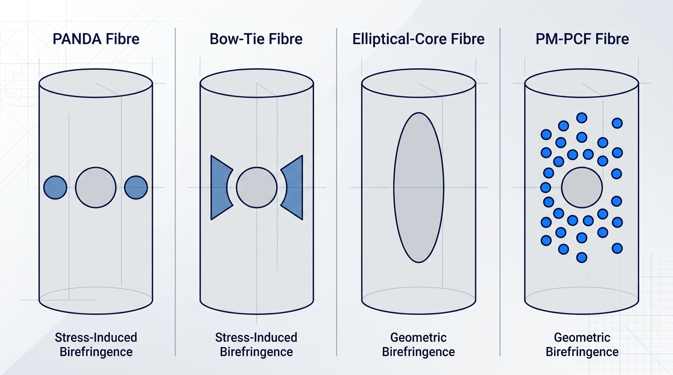 Cross-sectional comparison of four polarization-maintaining fiber architectures: PANDA with symmetric circular stress rods, Bow-Tie with wedge-shaped stress elements, Elliptical-Core with non-circular core, PM-PCF with asymmetric air-hole cladding pattern.