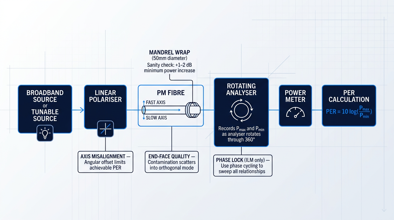 PER measurement bench setup diagram showing left-to-right signal flow from broadband source through linear polariser, PM fibre with mandrel wrap, rotating analyser, power meter, to PER calculation output, with error source annotations below key components.