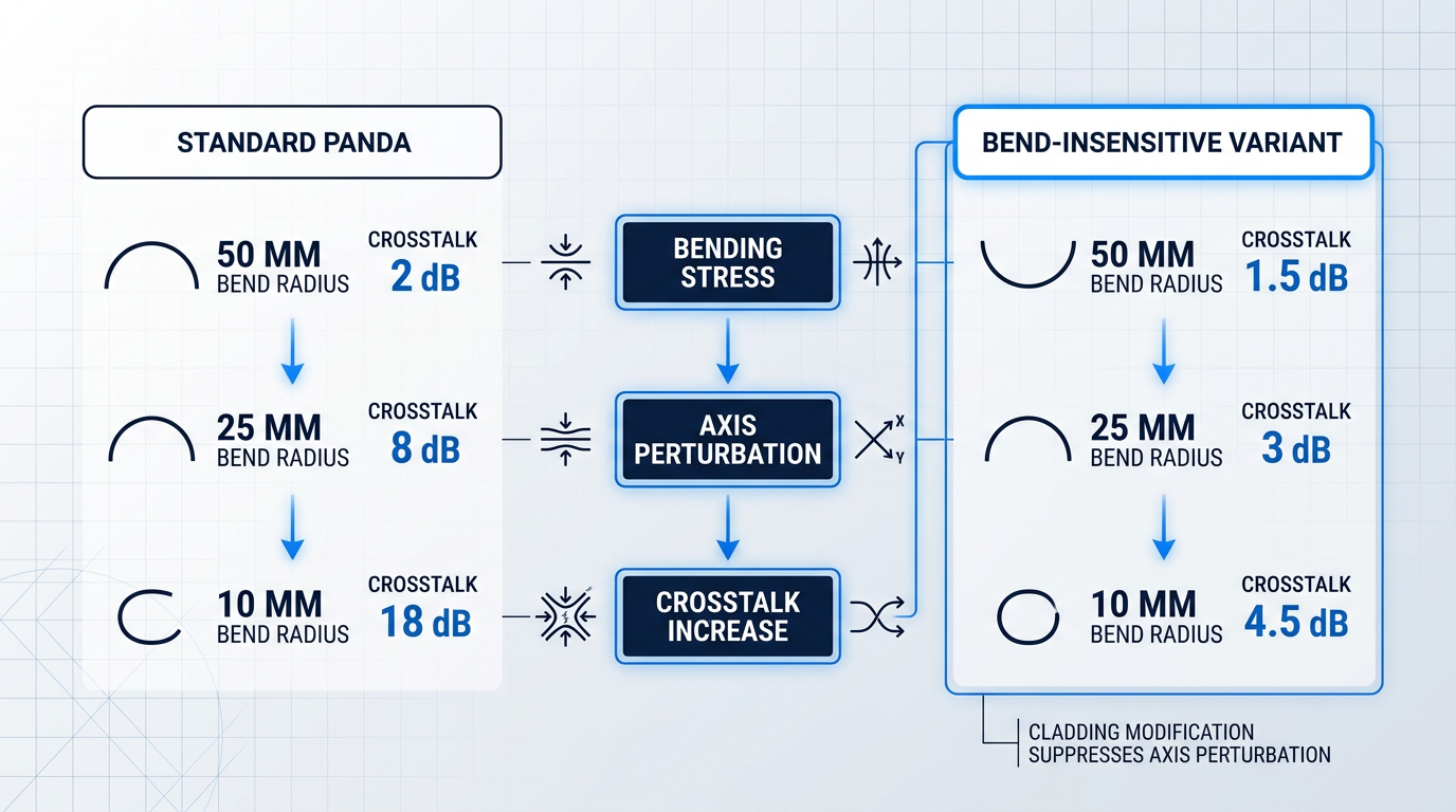 Three-column comparison diagram showing how bend radius affects polarization crosstalk in standard PANDA fiber versus bend-insensitive variants, with center column displaying the stress-to-crosstalk mechanism.