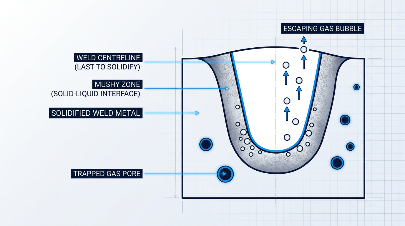 Cross-sectional diagram of a solidifying weld pool showing gas entrapment mechanism: outer solidified metal edges, central mushy zone with nucleating gas bubbles, liquid weld pool center, with escaping bubbles rising to surface and trapped gas pores frozen in solid metal.
