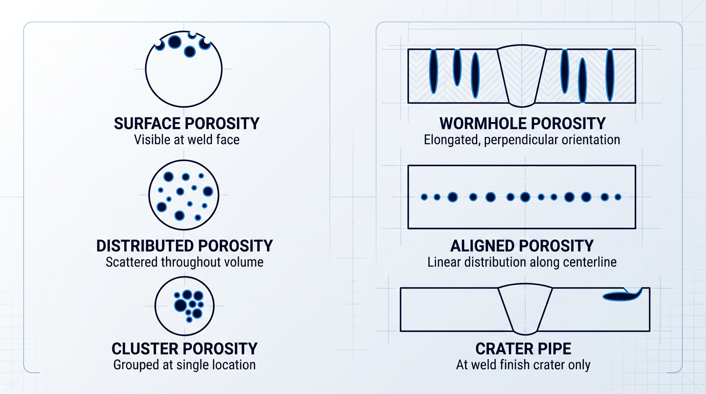Six-panel weld cross-section diagrams showing porosity types: surface porosity at weld face, distributed porosity scattered throughout, cluster porosity grouped at one location, wormhole porosity elongated perpendicular, aligned porosity in linear pattern, crater pipe at finish crater.