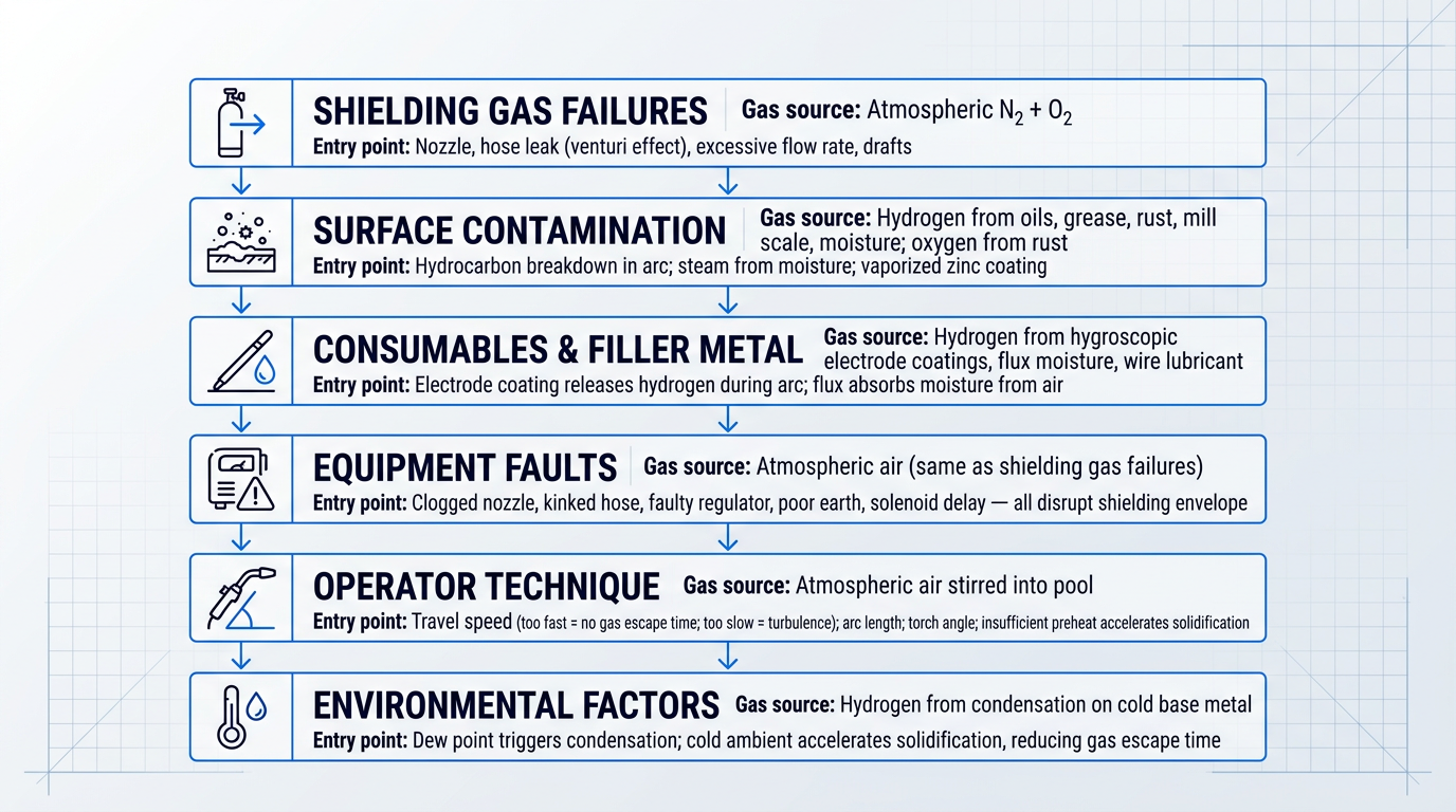Six-stage flow diagram mapping porosity cause categories: shielding gas failures, surface contamination, consumables, equipment faults, operator technique, and environmental factors — each linked to gas sources and weld pool entry points.