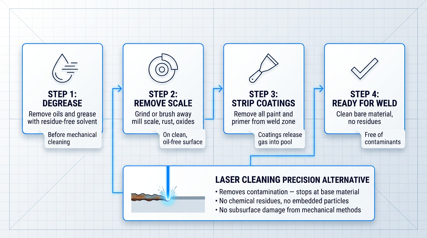 Four-step horizontal process flow diagram for pre-weld surface preparation: Step 1 solvent degreasing, Step 2 oxide and scale removal, Step 3 paint and primer stripping, Step 4 ready for welding. Below, laser cleaning alternative showing beam stopping at base material with no residue.