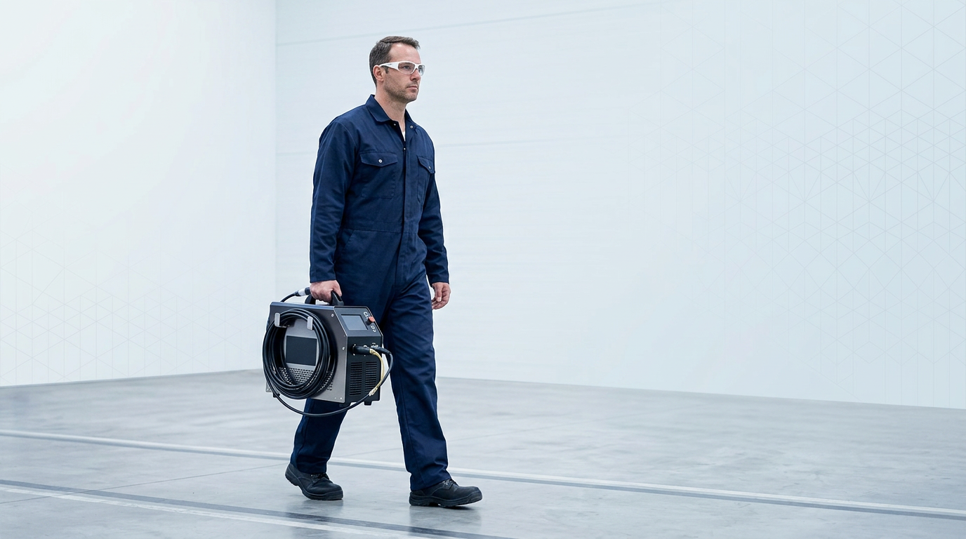 Service technician in navy coveralls carrying portable ELASER laser cleaning machine, approaching through bright industrial facility with even cool-cast lighting.