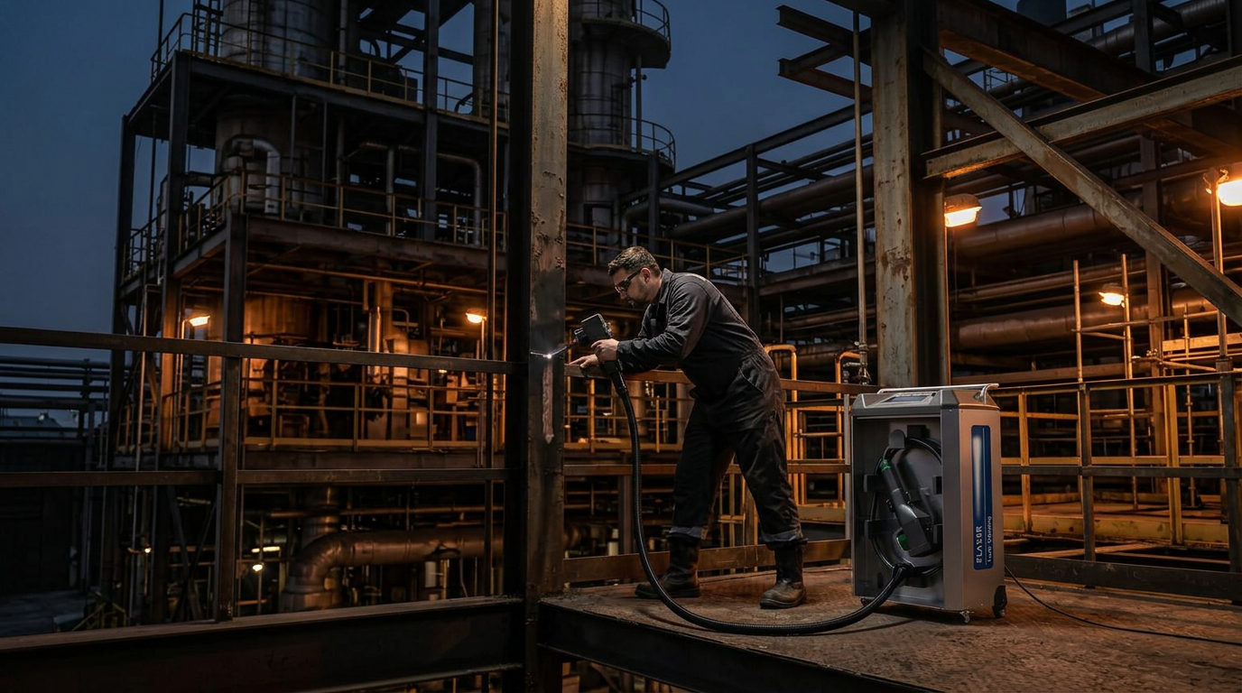 Industrial facility at dusk with steel structural beams and scaffolding, operator in dark coveralls working with portable laser equipment on metal surface, warm work lights cutting through deep shadow.
