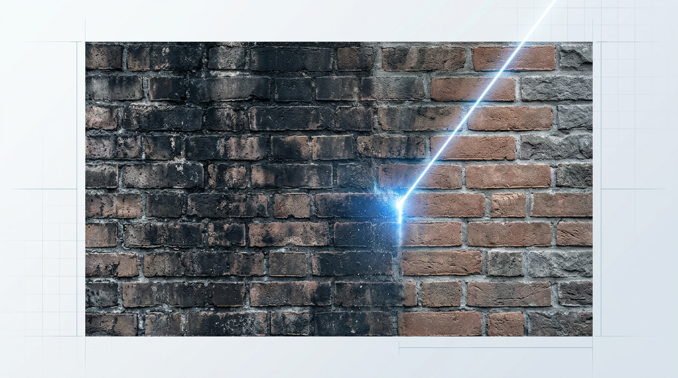 Textured brick and stone wall surface with heavy soiling on the left transitioning to clean bare masonry on the right, divided by an active electric blue laser cleaning beam creating visible particle ablation at the contact point.