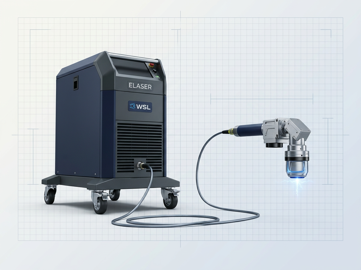 ELASER wheeled laser cleaning unit on left with extended fiber cable connected to handheld scanner on right, demonstrating portable field-deployable system configuration.