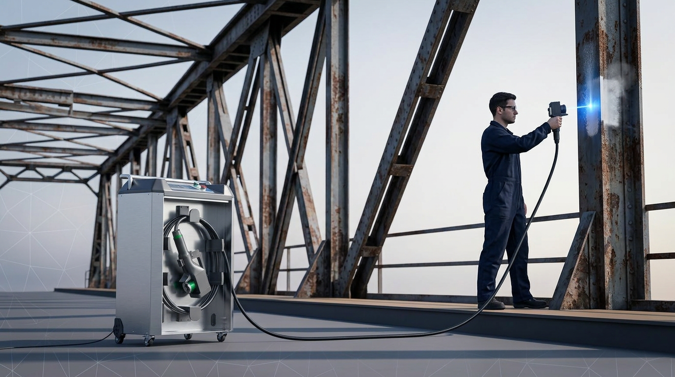 Wheeled ELASER laser cleaning unit in lower left with operator in navy coveralls holding handheld scanner 15-20 meters away, connected by extended fiber cable, directing active laser cleaning at steel infrastructure beam with electric blue contact point.