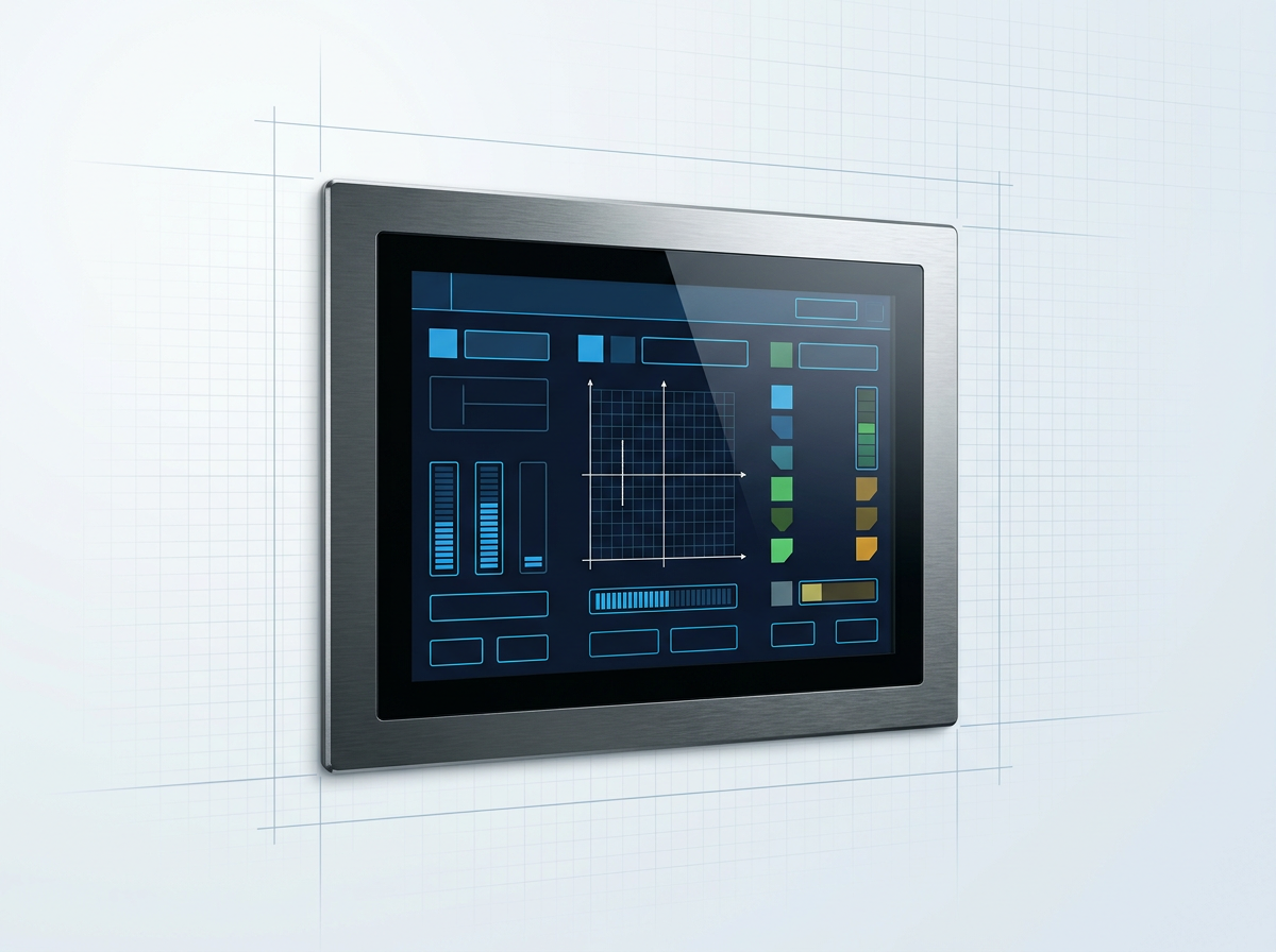 Industrial touchscreen control panel with dark navy interface displaying ELASER operator controls, electric blue accents, parameter readouts, and 2D scan pattern grid visualization.