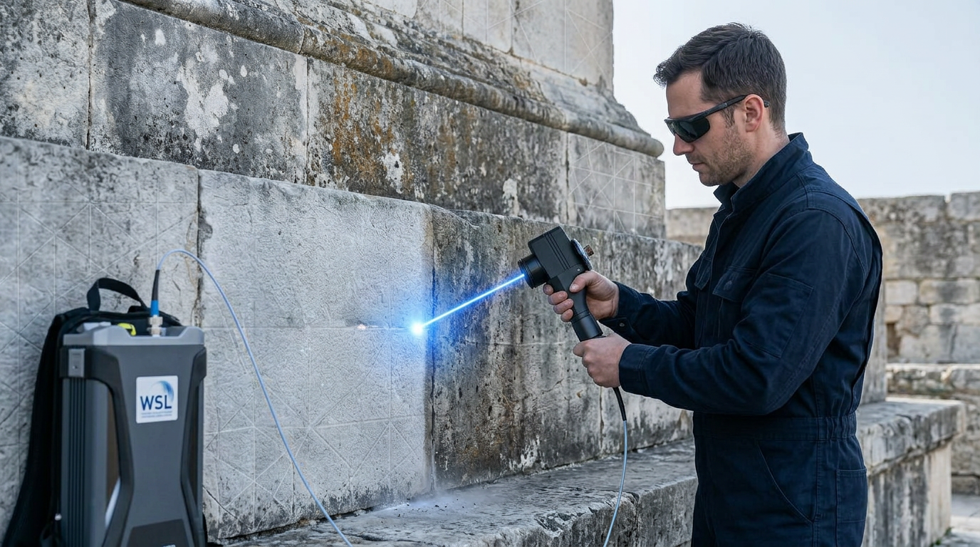 Technician in navy workwear using portable laser scanner on weathered stone masonry heritage site, with electric blue laser beam cleaning the surface and backpack-style ELASER machine visible at frame edge.