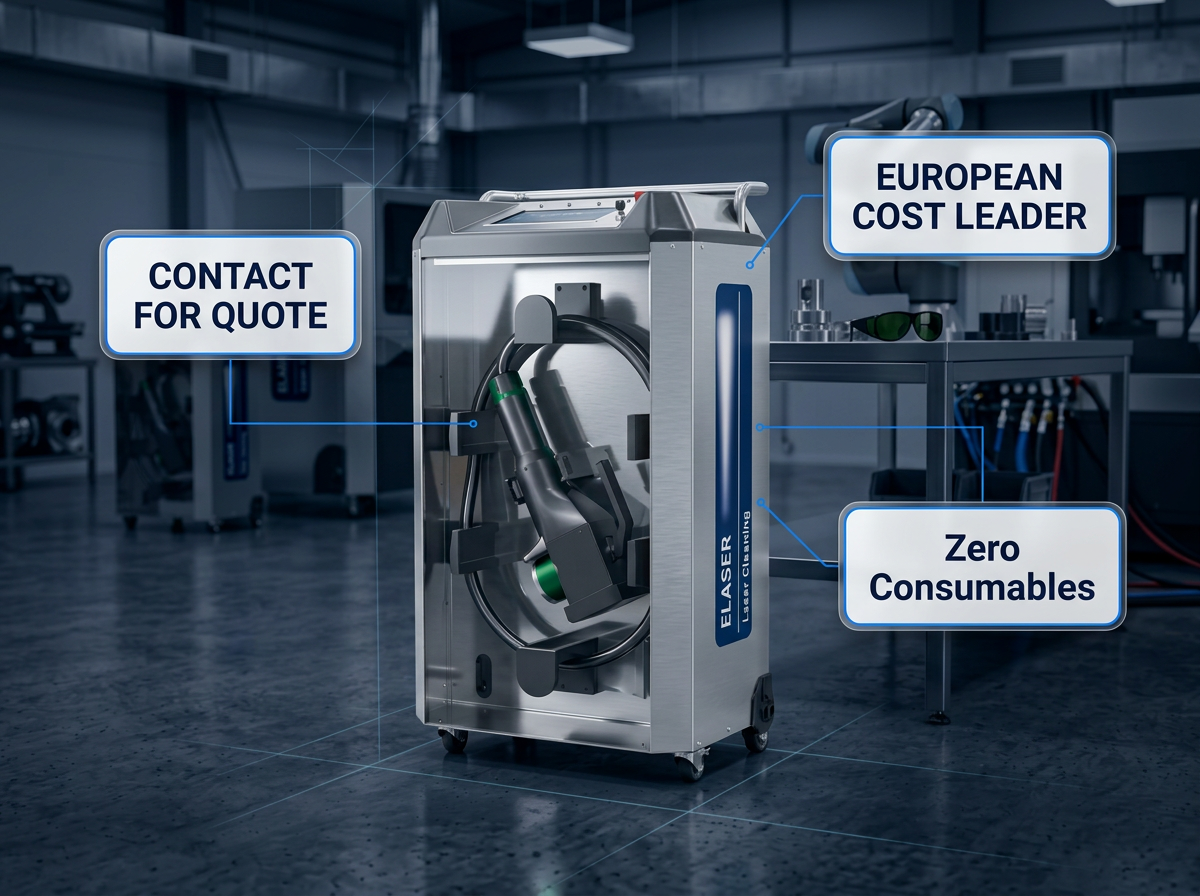 ELASER portable laser cleaner unit on dark industrial background with three professional data badges labeled European Cost Leader, Zero Consumables, and Contact for Quote, connected by thin blue lines.