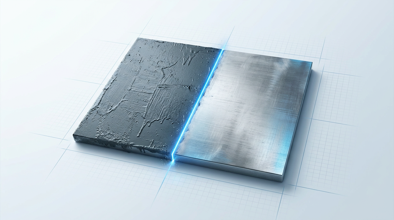 Metal panel split vertically: left side covered in thick dark grey paint with visible texture and buildup, right side stripped to bare polished metal with machining marks, divided by glowing electric blue laser line showing active ablation.