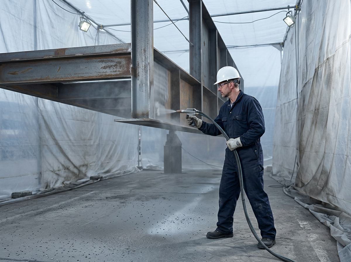 Industrial worker in full PPE operating sandblasting equipment on large metal structure, with containment sheeting, abrasive dust clouds, and debris scattered on ground work area.