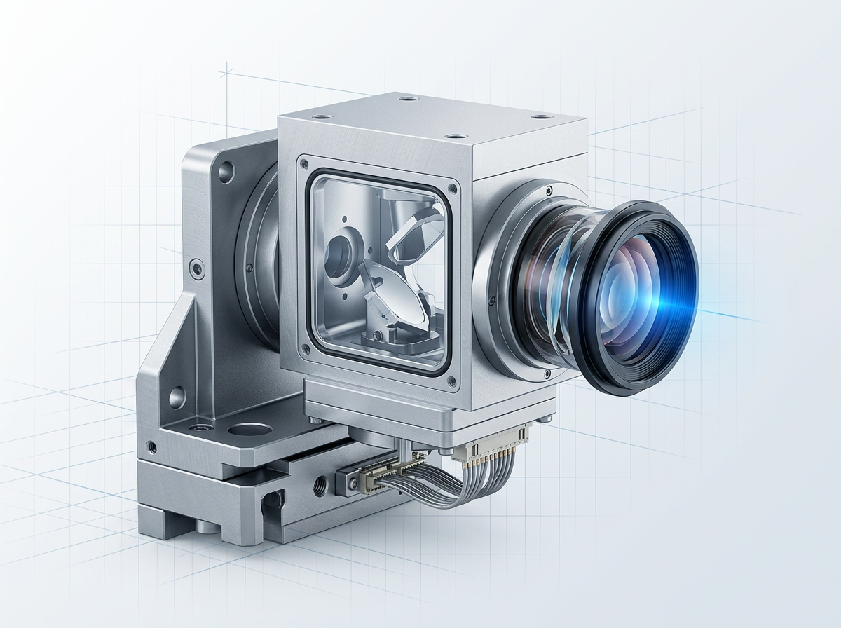 Close-up of galvanometer scanner head with dual precision mirrors, integrated F-Theta lens assembly, and electric blue laser output glow on precision mounting bracket.