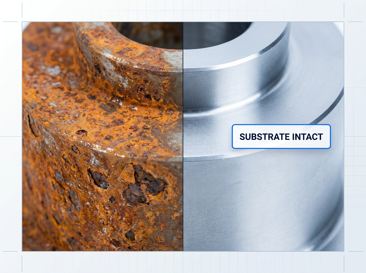 Metal component surface split vertically: left half shows rust and orange-brown oxidation with corrosion pitting; right half shows bare steel with pristine machined finish and no damage. Small 'Substrate intact' badge positioned on the clean side.