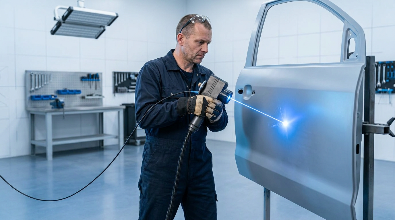 Technician in navy coveralls holding handheld ELASER laser scanner directed at automotive panel, electric blue laser beam visible at contact point, bright industrial bodyshop environment.