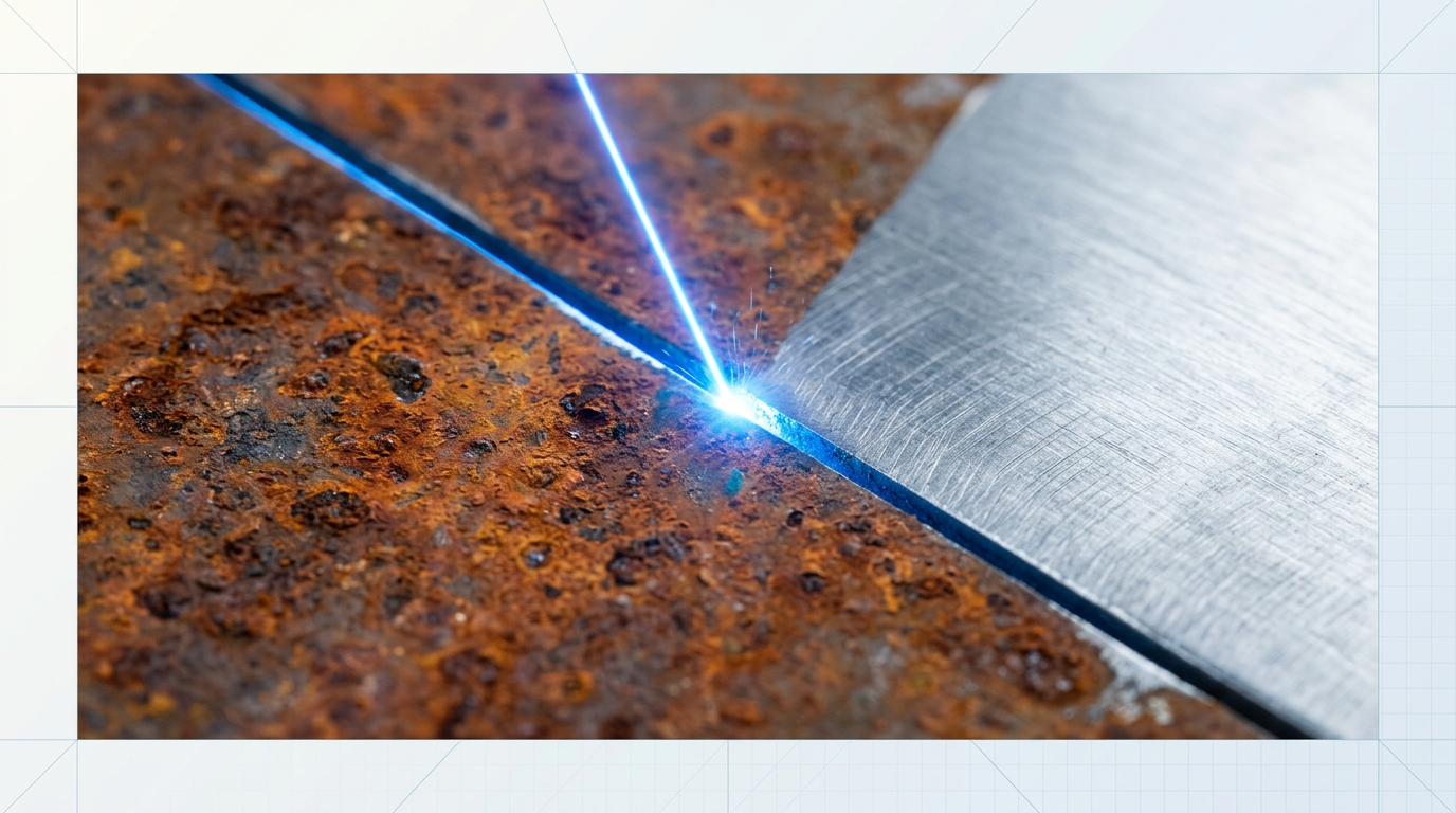 Macro close-up of metal surface showing rust removal in progress—heavily corroded orange-brown steel on the left divided sharply from clean bare metal on the right by an electric blue laser beam at the contact point.