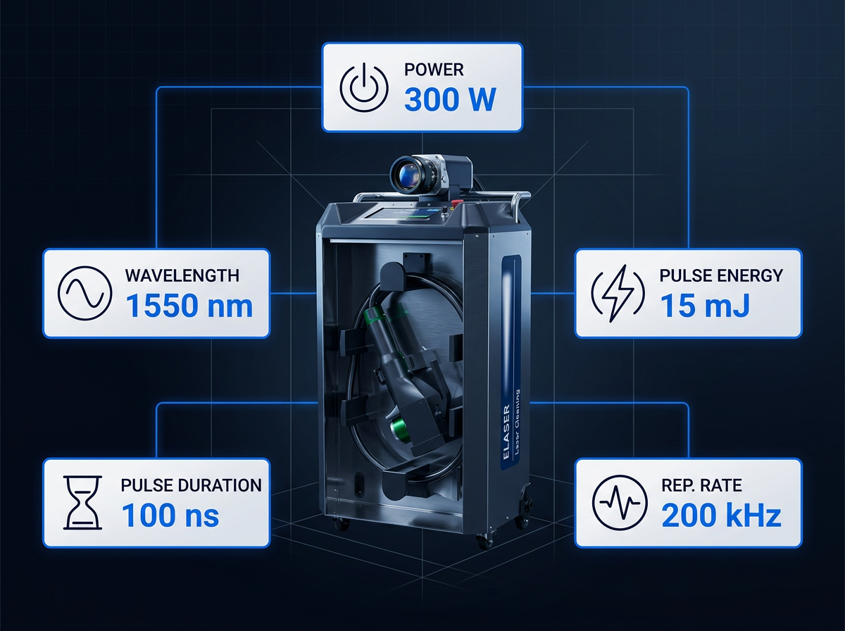 ELASER portable laser cleaner machine centered with five specification badges displaying key parameters: 300 W power, 1550 nm wavelength, 15 mJ pulse energy, 100 ns pulse duration, and 200 kHz repetition rate, connected by electric blue lines.