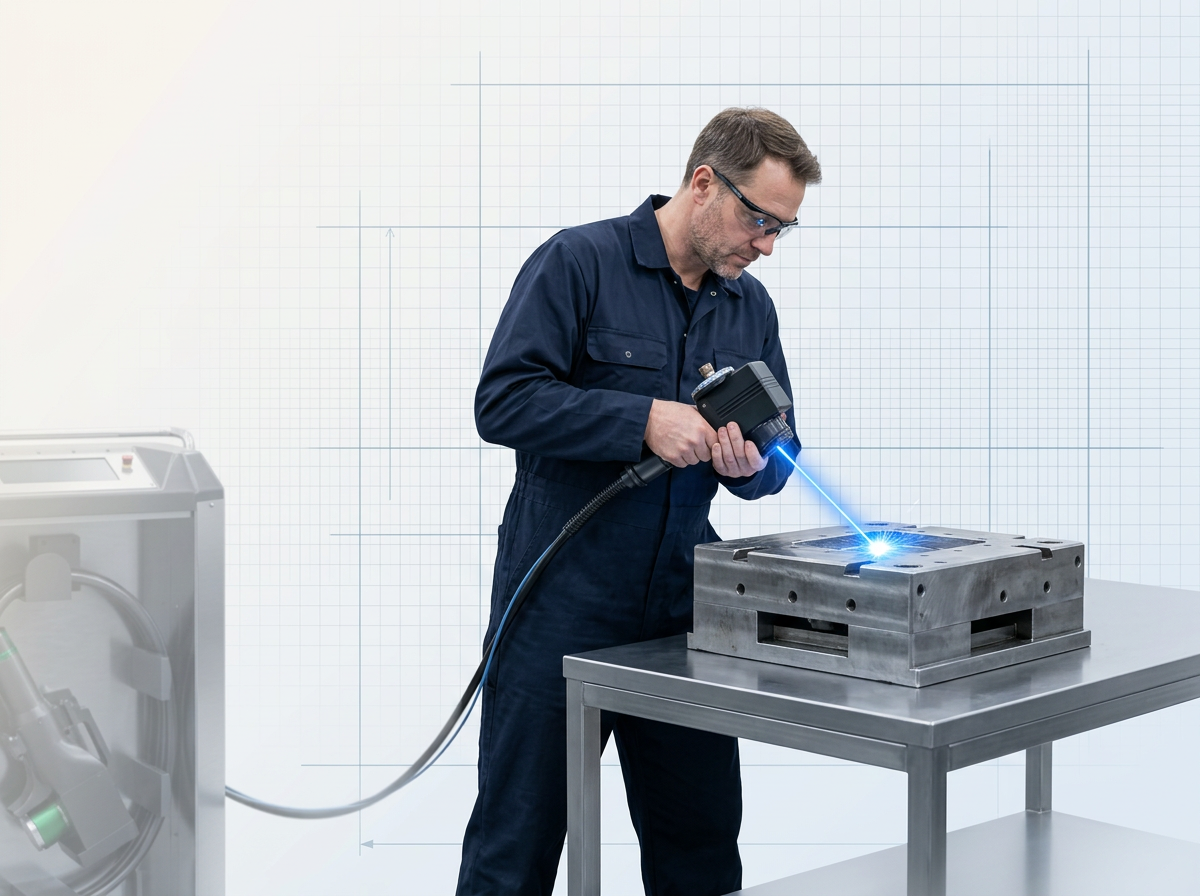 Operator in navy coveralls holding portable laser scanner directed at metal surface, laser contact point glowing electric blue, minimal clean workspace with no containment or consumables visible.
