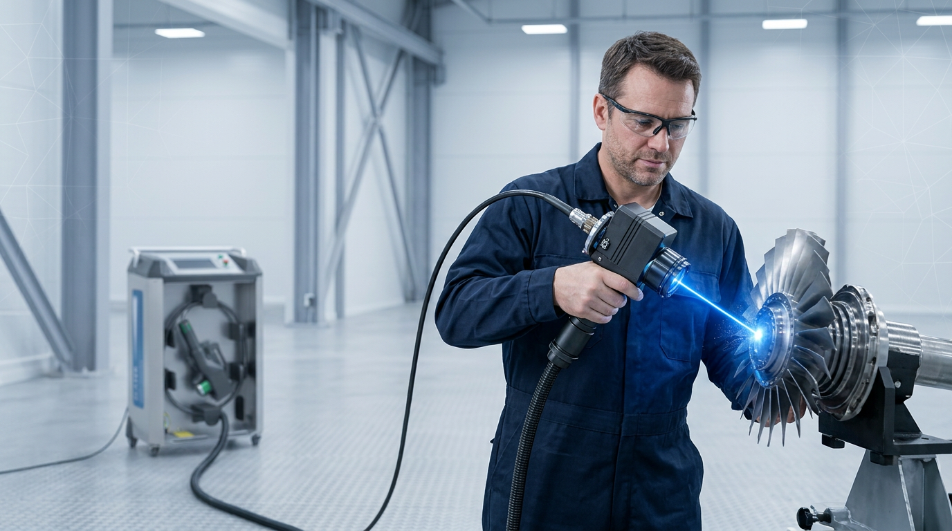 Aerospace technician in dark coveralls operating ELASER portable laser scanner on a turbine blade component in a bright maintenance hangar, with electric blue laser contact point visible on the metal surface.