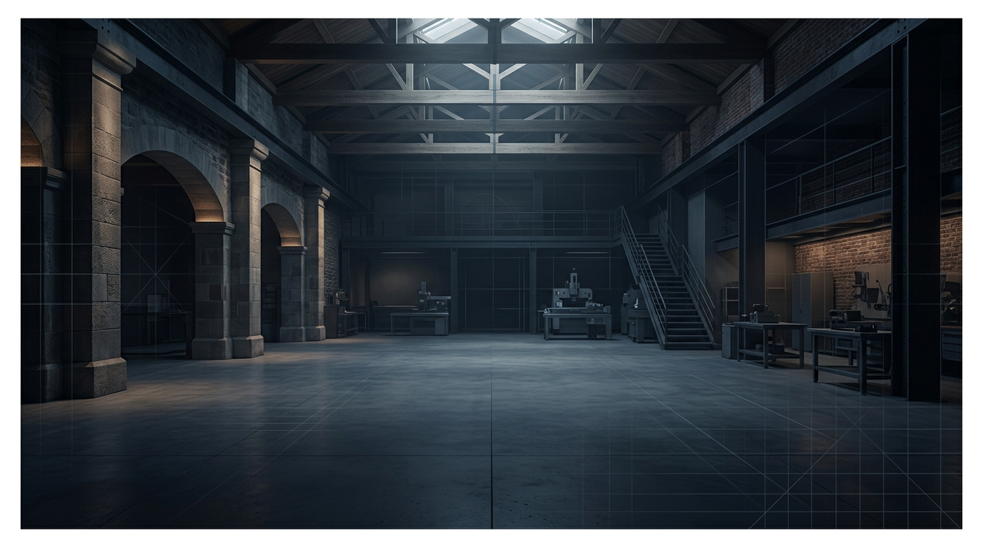 Open-plan industrial workshop with high ceilings, diffuse overhead lighting, deep navy shadows, and subtle warm accents on structural elements creating atmospheric depth.