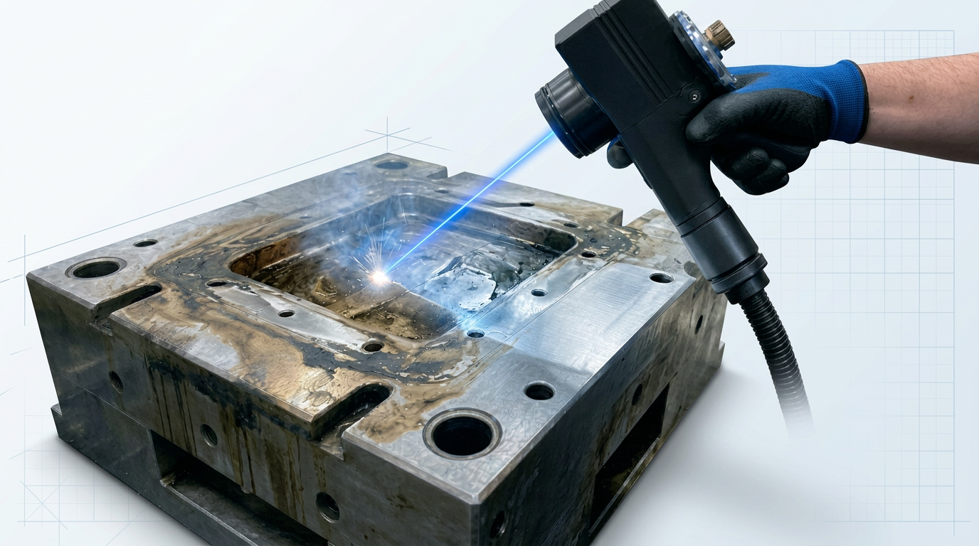 Engineer in dark coveralls holding ELASER laser scanner directed at precision injection mould, showing stark contrast between dark oil-contaminated surface and freshly cleaned bare metal with electric blue laser beam at the dividing line.