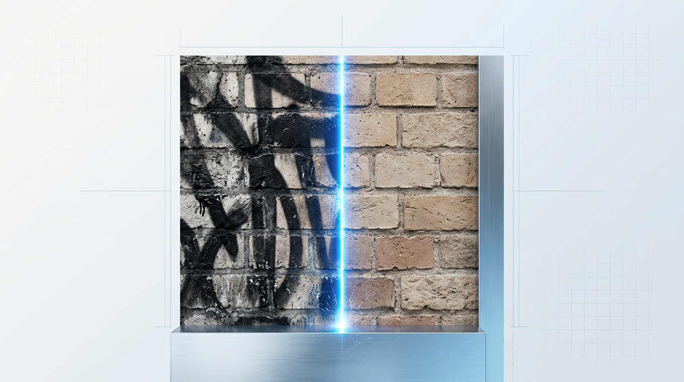 Brick and stone wall surface split vertically: left side covered in black graffiti spray paint, right side clean bare substrate, with glowing electric blue laser beam at the dividing line showing active cleaning in progress.