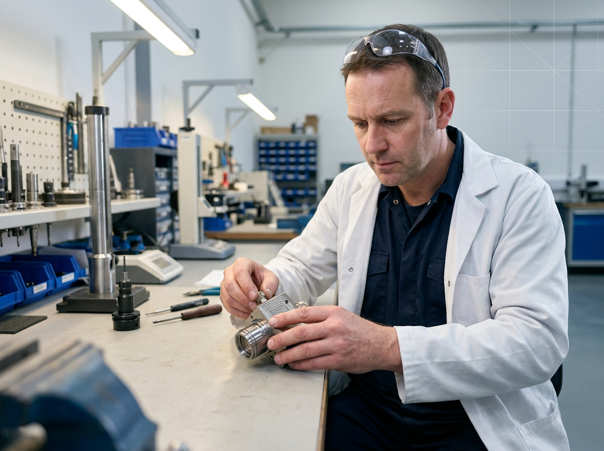 Skilled engineer in navy coveralls and white lab coat working at precision workbench, hands focused on optical or mechanical component with fine machining detail under bright workshop lighting.